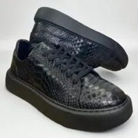 Pantofi sport barbati SNEAKERS piele neagra talpa neagra cusuta