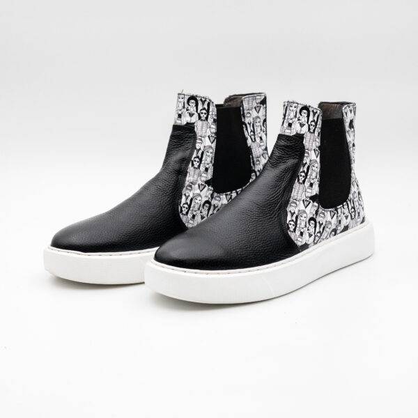 Ghete barbati Chelsea - alb negru - talpa cusuta alba